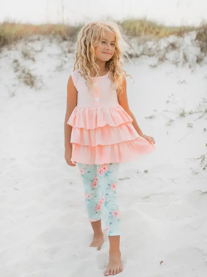 Kids Peach Teal Floral Tiered Ruffle Button Spring Set