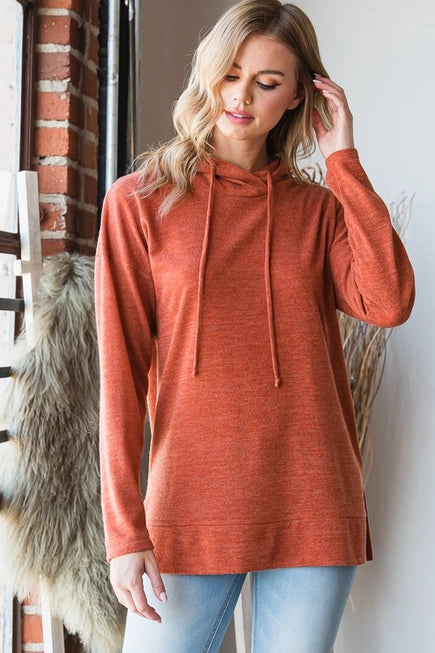 Drawstring Hood Solid Hoodie Top - Rust