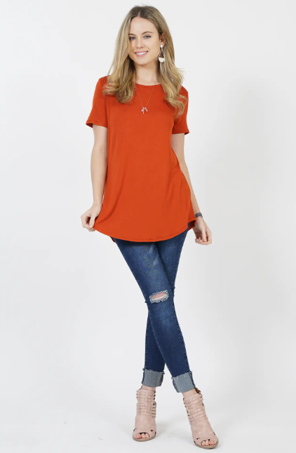 Short Sleeve Rounded Hem Tunic Top | Copper