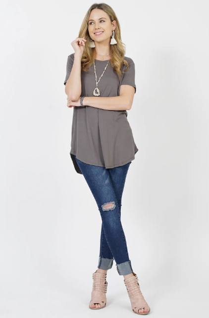 Short Sleeve Rounded Hem Tunic Top | Mid Grey