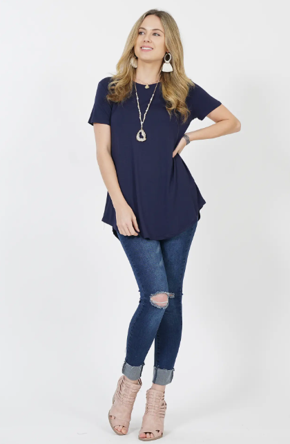 Short Sleeve Rounded Hem Tunic Top | Navy