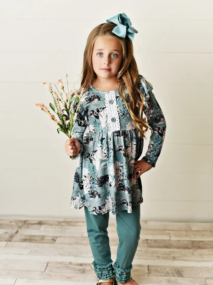 Kids Sage Green Floral Tunic Top & Legging Pants Set