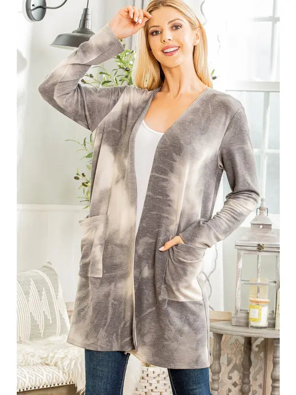 Open Front Long Sleeve Cardigan Charcoal Tie Dye