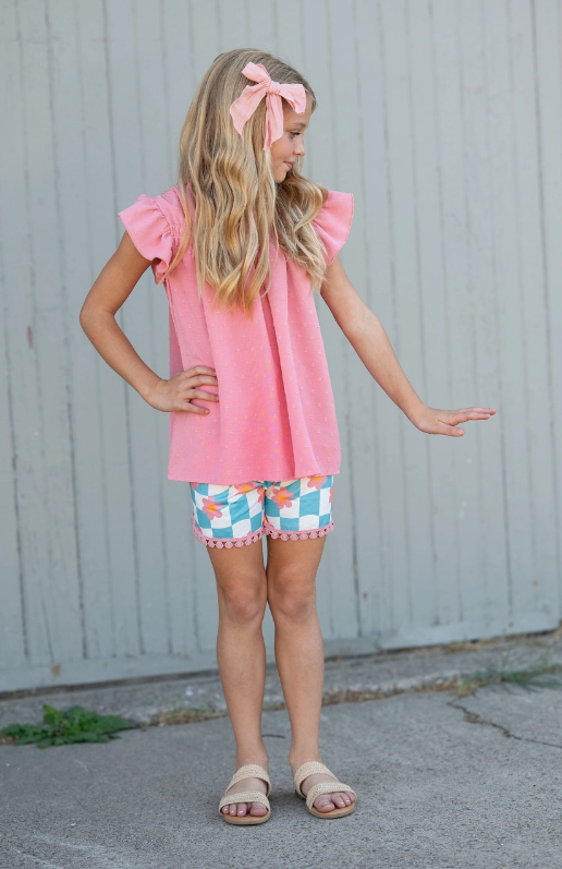 Girls Pink & Teal Spring Summer Retro Check Wave Short Set