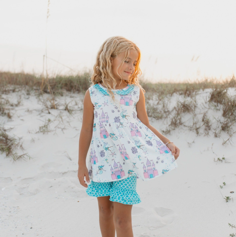 Kids Blue & Pink Mermaid Castle Spring Ruffle Short Set