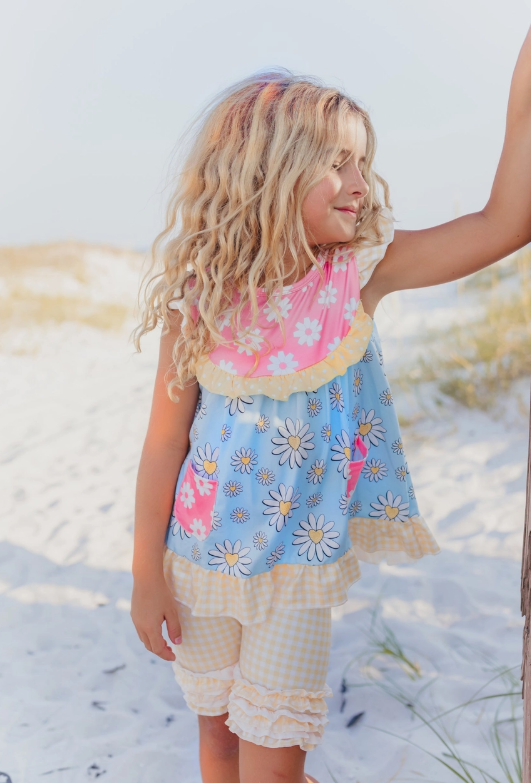 Kids Pink Blue Daisy Mix Ruffle Pocket Spring Short Set