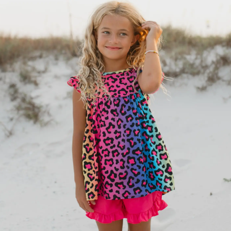 Kids Vibrant Rainbow Leopard Ruffle Spring Summer Short Set