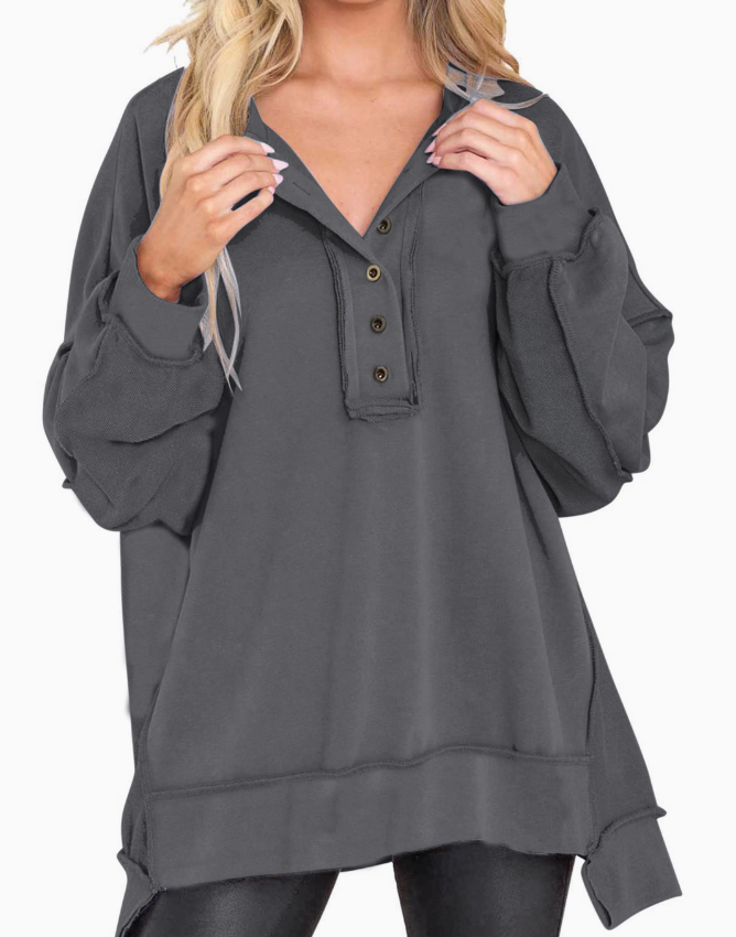 Athleisure Half Button Oversized Pullover Sweatshirt | Charcoal