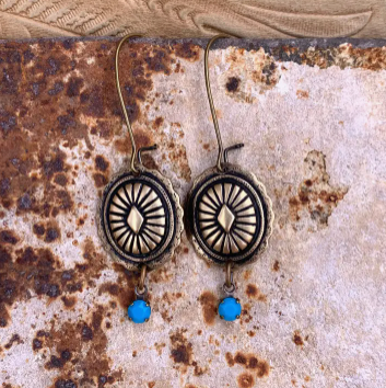 Small Antique Brass Concho Turquoise Drop Earrings : Western Cowgirl Jewelry