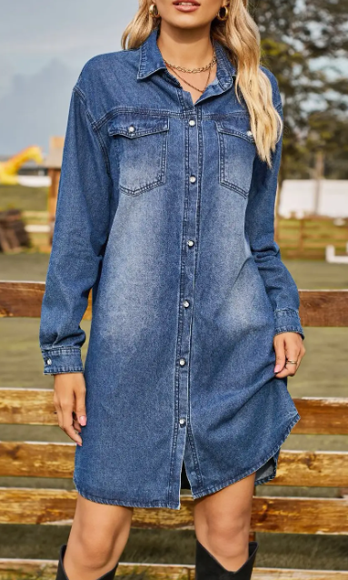 Button-Pocket Denim Long-Sleeved Dress | Dark Blue