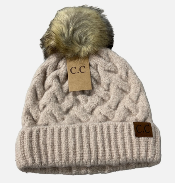 C.C. Beanie Chunky Braided Cable Knit Fur Pom | Beige