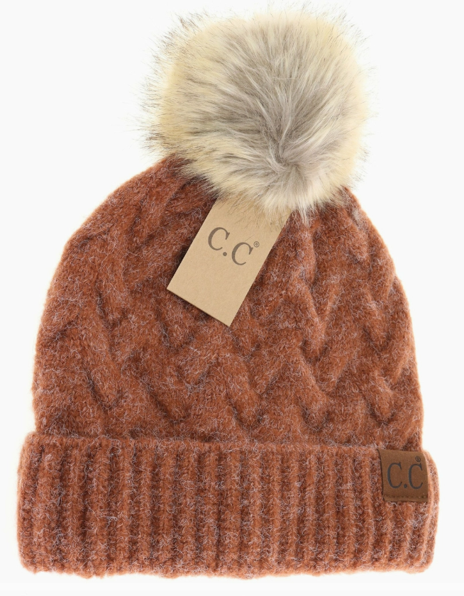 C.C. Beanie Chunky Braided Cable Knit Fur Pom | Ginger Brown