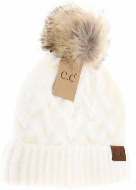 C.C. Beanie Chunky Braided Cable Knit Fur Pom | Ivory