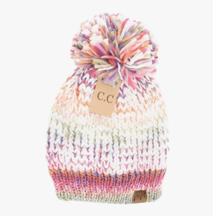 C.C. Beanie Fuzzy Lined Multicolored Yarn Pom - Rose Mix