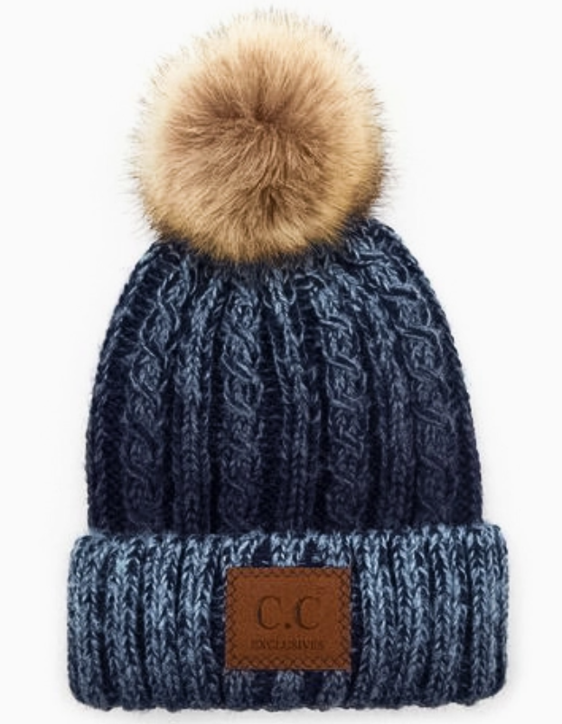 C.C. Beanie Two-Tone Ombre Vintage Faux Fur Pom | Navy