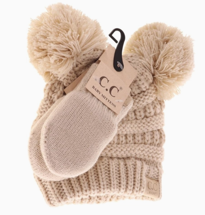 C.C Beanie Baby Solid Knit Double Pom with Mitten Set Baby - Beige