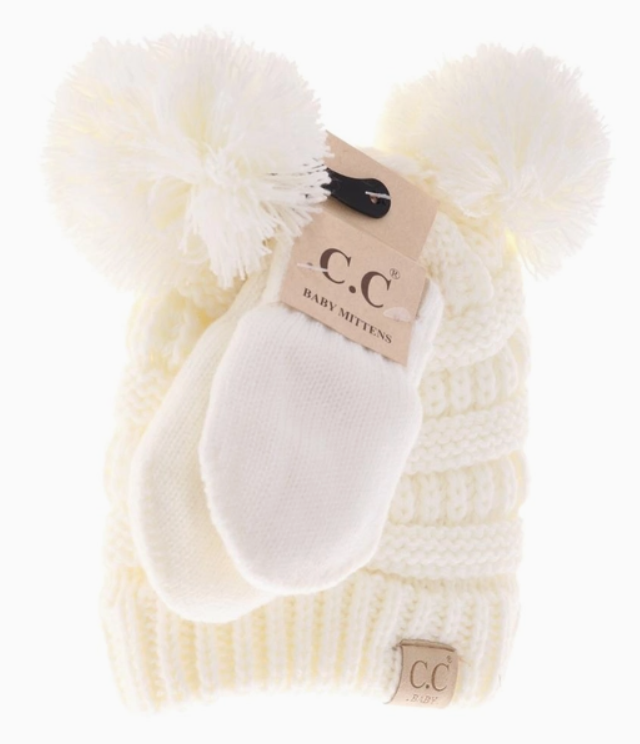 C.C Beanie Baby Solid Knit Double Pom with Mitten Set Baby - Ivory
