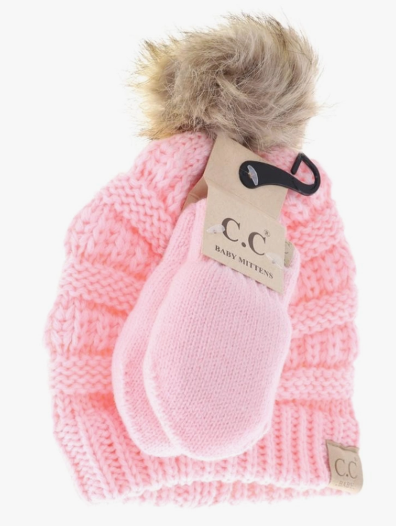C.C. Beanie Baby Solid Knit Faux Fur Pom with Mitten Set - Pale Pink