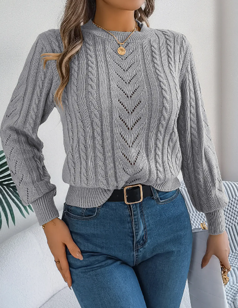 Casual Solid Color Cut-Out Balloon Sleeve Knit Sweater | Grey