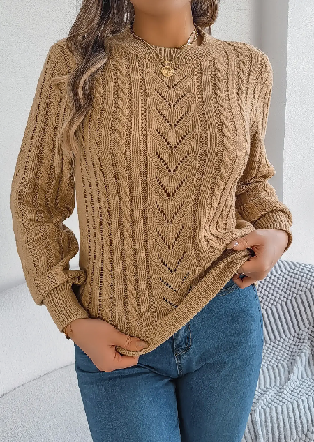 Casual Solid Color Cut-Out Balloon Sleeve Knit Sweater | Khaki
