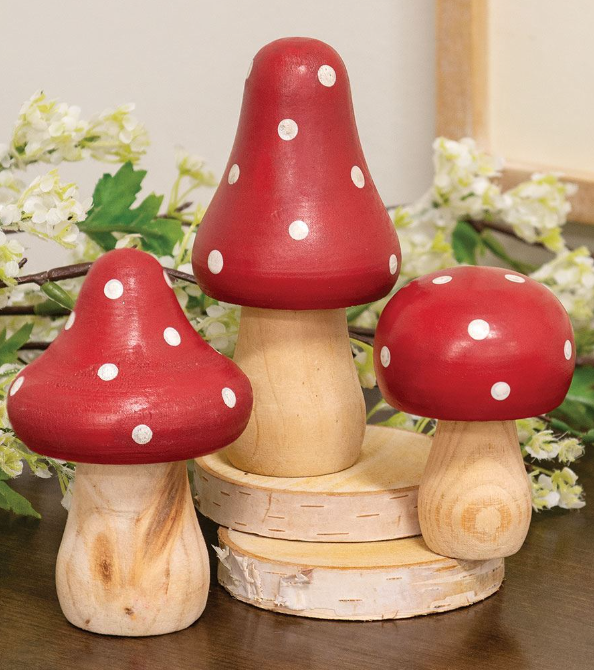 Red & White Dotted Wooden Mushrooms