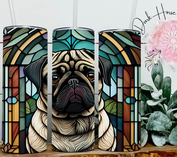 Stained Glass Tan Pug Dog Tumbler