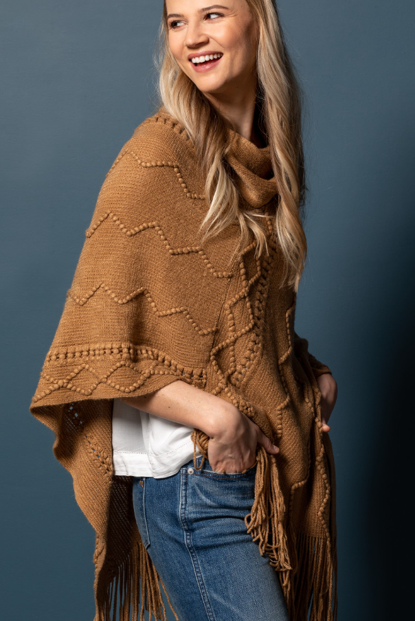 Camel Textured Cowl Neck Poncho