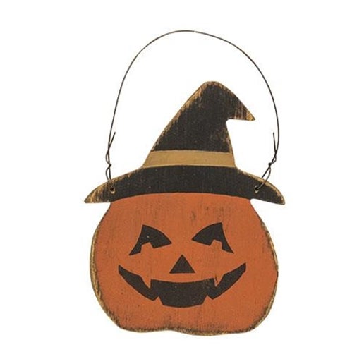 Distressed Wood Jack O Lantern Witch Ornament