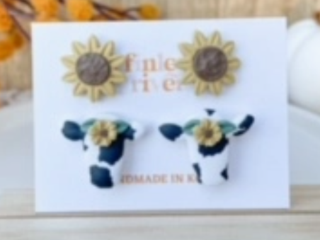 Sunflower Cow Studs | Double Pack | Clay Earrings