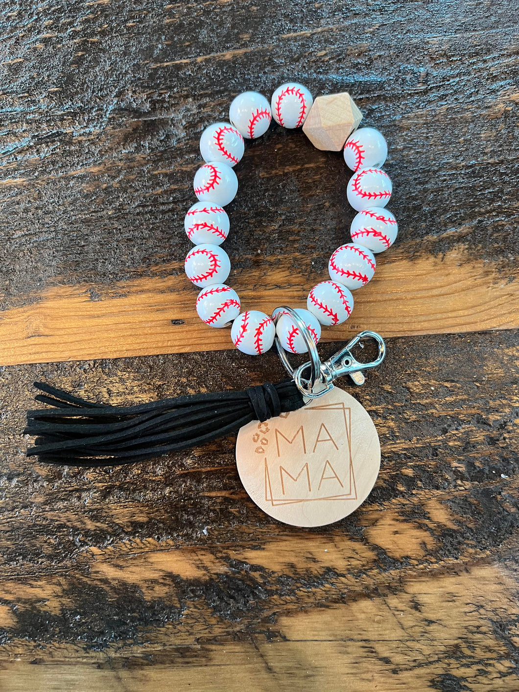 Baseball Mama Sports Keychain with Wooden Beads