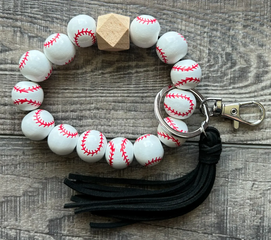 Baseball Keychain with Wooden Beads