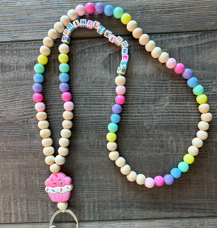 Colorful Beaded Teacher Lanyard with Cupcake Charm