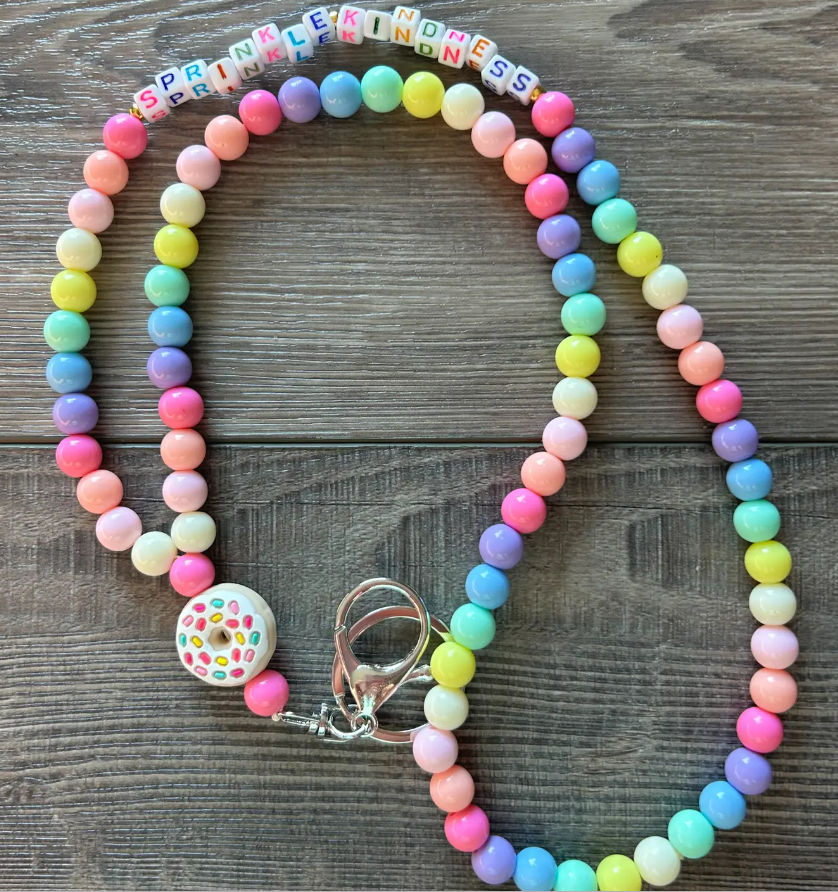 Colorful Beaded Teacher Lanyard with Donut Charm