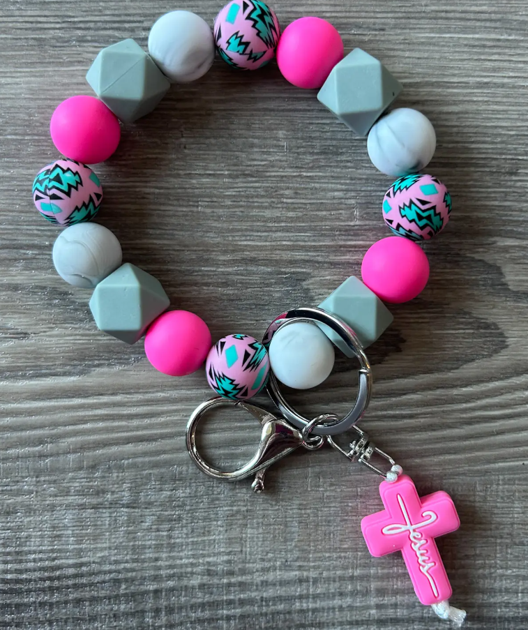 Faith Jesus Cross Wristlet Keychain | Pink