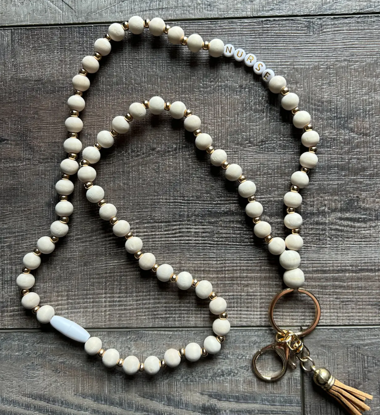 Nurse Gold and Wood Beaded Lanyard with Breakaway Clasp