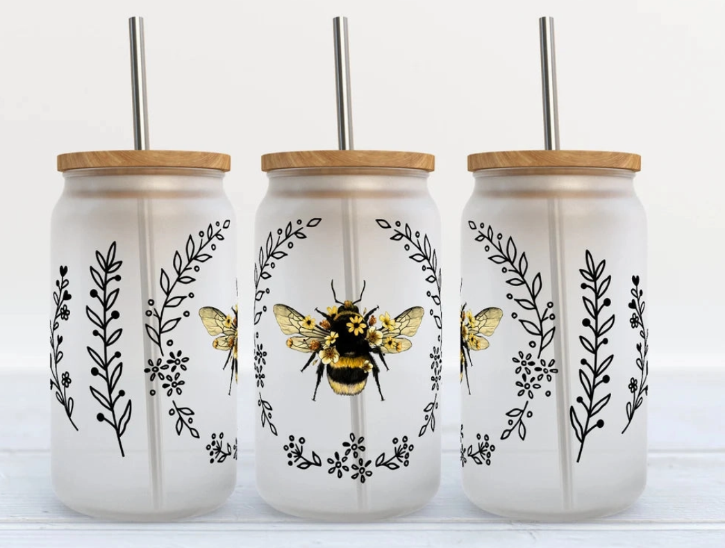 Bumble Bee Floral 16oz Libbey Glass Frosted Tumbler
