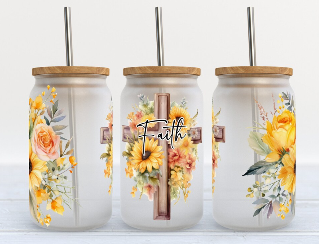 Faith Cross Sunflower Florals 16oz Libbey Glass Frosted Tumbler
