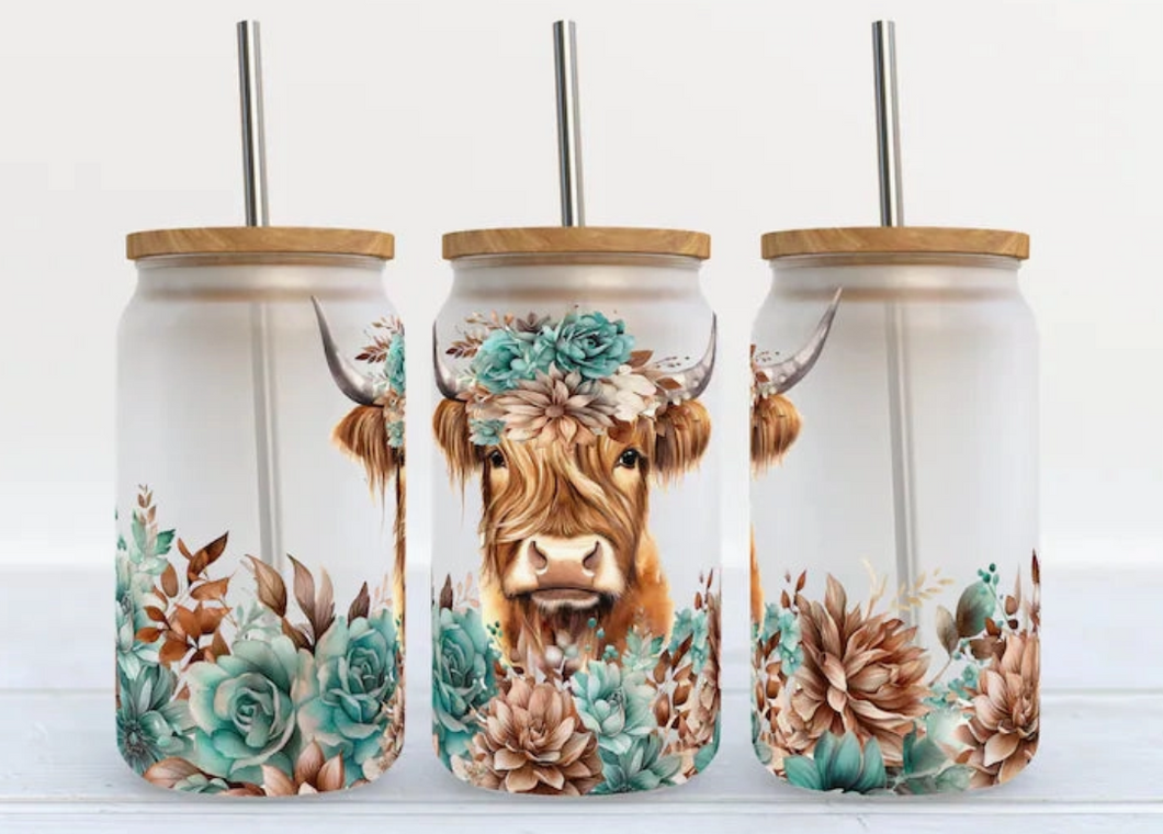 Highland Cow Western Turquoise 16oz Libbey Glass Tumbler