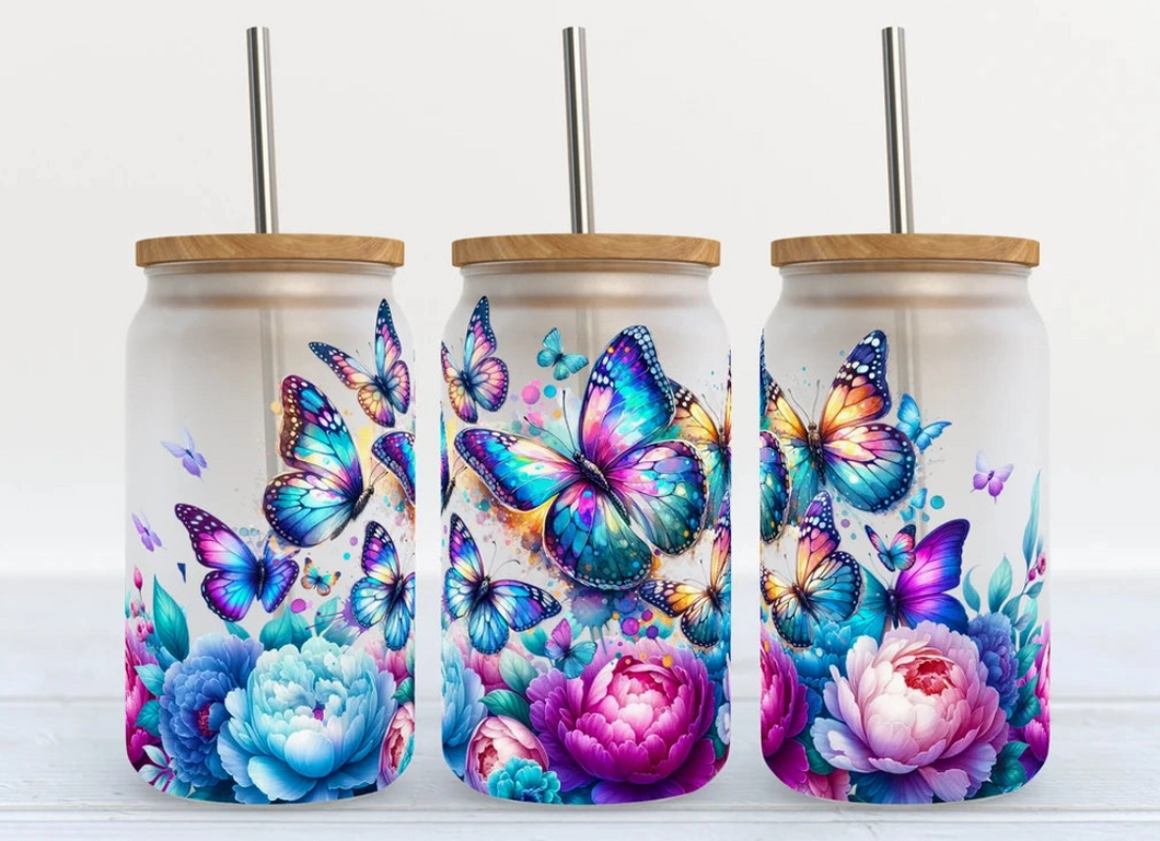 Purple Butterfly & Florals 16oz Libbey Glass Frosted Tumbler