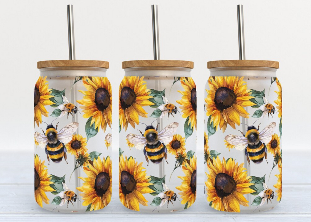 Sunflower and Bees 16oz Frosted Libbey Glass Tumbler