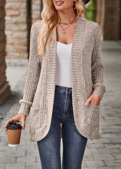 Long Front Open Long Sleeve Sweater Jacket with Pockets | Khaki
