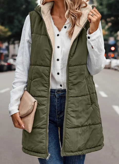 Reversible Plain Hooded Quilted Midi Vest | Olive