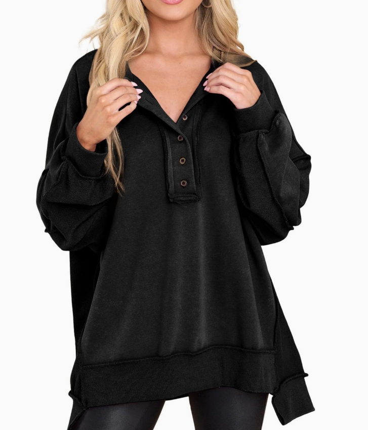 Athleisure Half Button Oversized Pullover Sweatshirt | Black