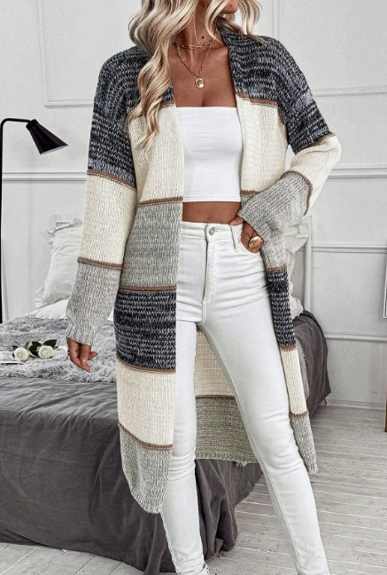Casual Loose Striped Colorblock Long Knit Cardigan