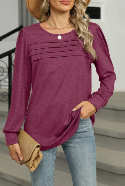 Casual Patchwork U-Neck Long-Sleeved T-Shirt Top | Wine Red