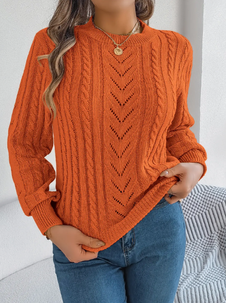 Casual Solid Color Cut-Out Balloon Sleeve Knit Sweater | Orange
