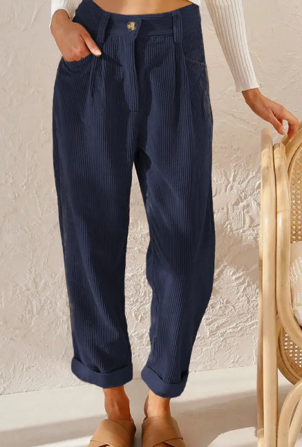 Corduroy Loose Straight Wide Leg Trousers | Navy