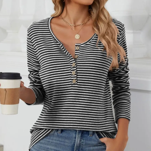 Crewneck Buttoned Striped Casual Top - Black