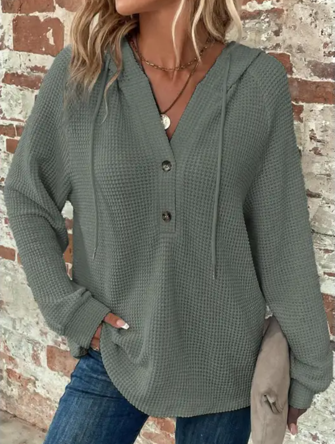 Solid Long-Sleeved Waffle Hooded Sweatshirt | Sage Green