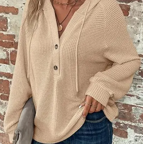 Waffle Knit Drawstring Button Hoodie - Apricot